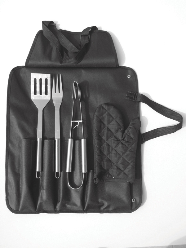 CONJUNTO 03 PEÇAS CHURRASCO INOX COM AVENTAL E LUVA